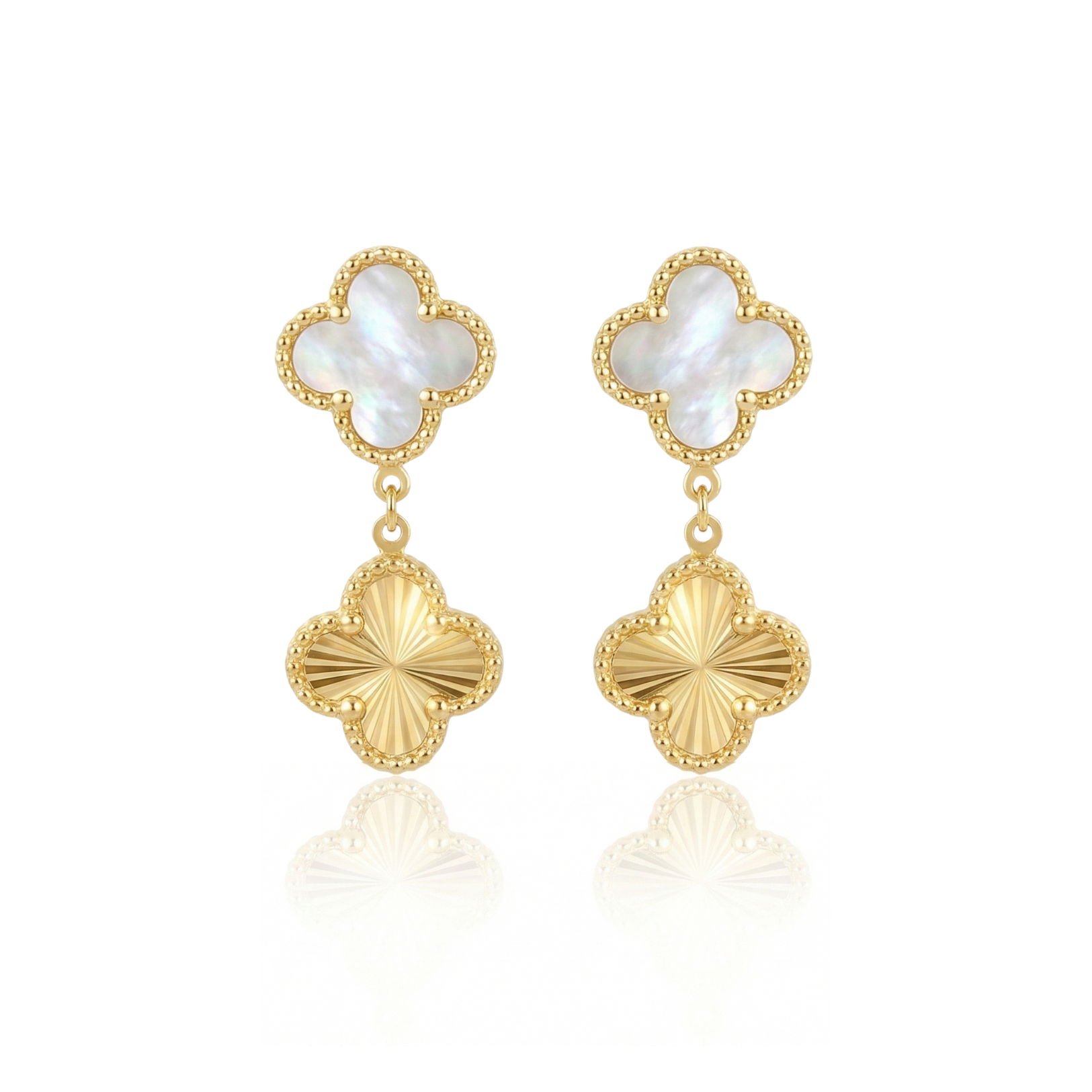 14K Yellow Gold Mother of Pearl Starburst Alhambra Clover Dangle Stud Earrings
