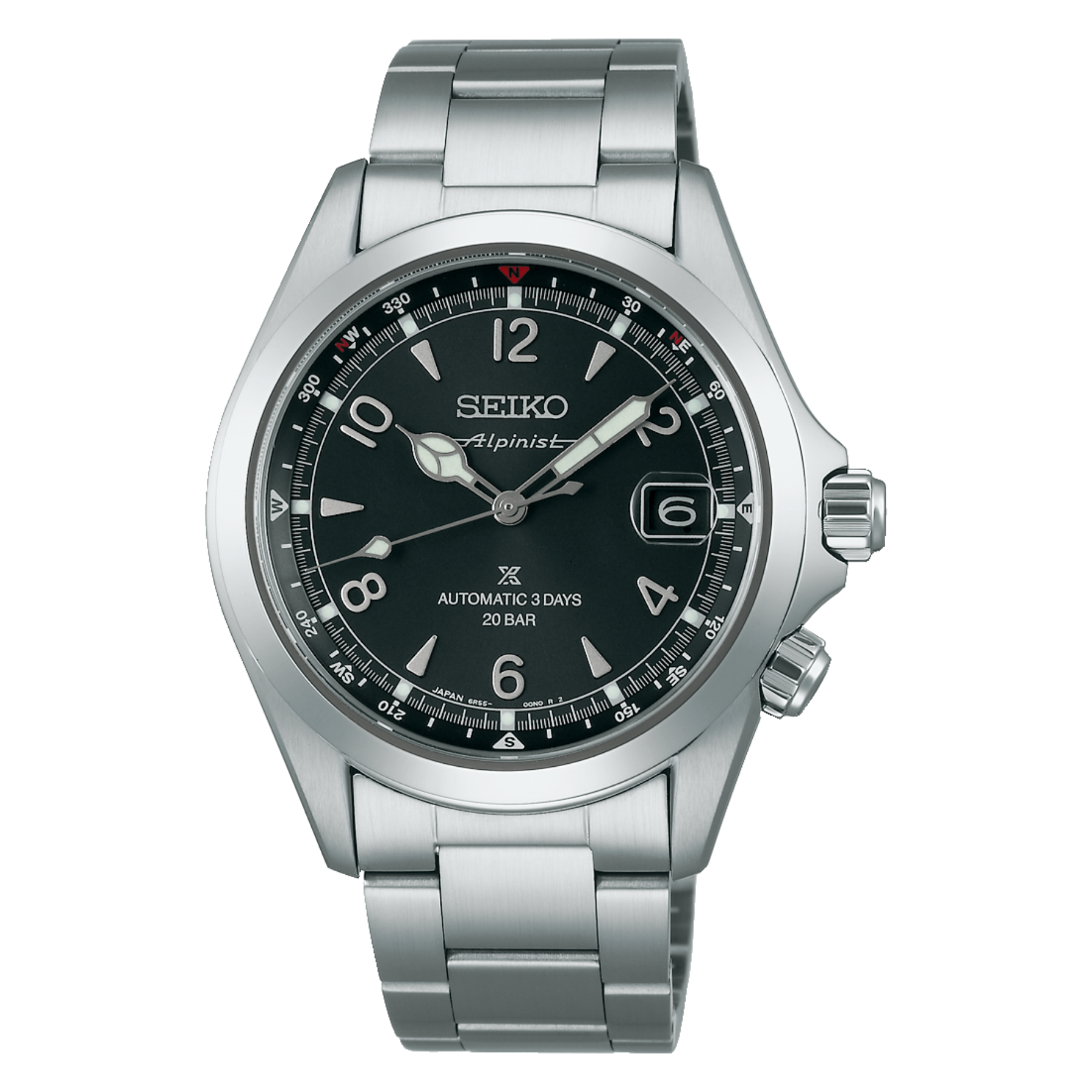 Seiko watch with black dial and silver metal strap on a white background