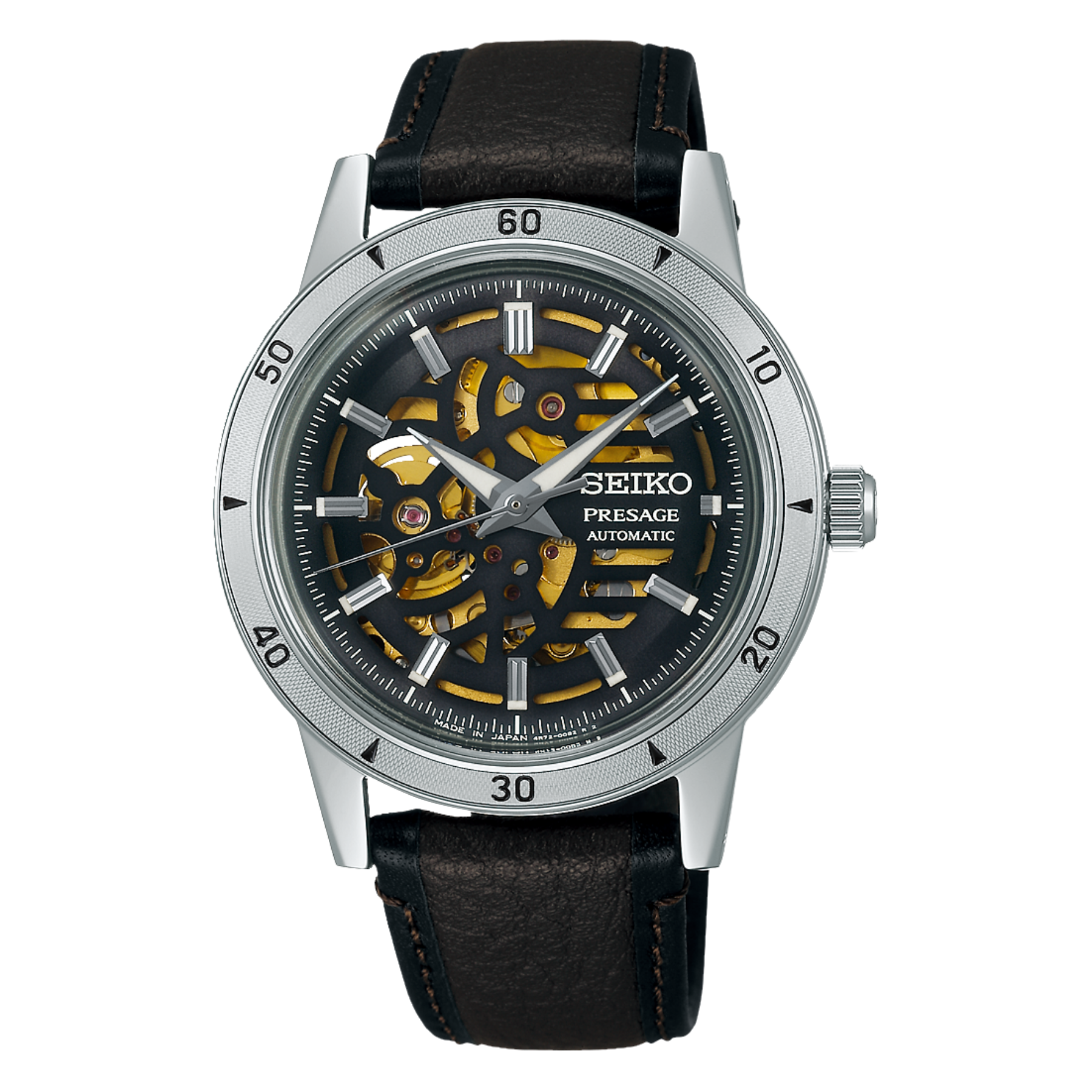 Seiko Presage watch with black leather strap and visible mechanical components on a white background