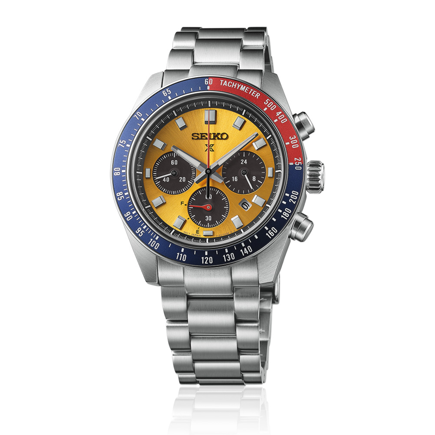 Seiko watch with a silver bracelet and yellow face on a white background