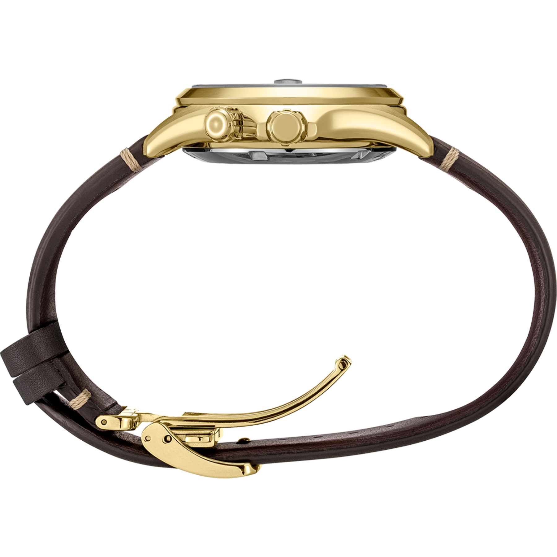 Gold watch with brown leather strap on a white background