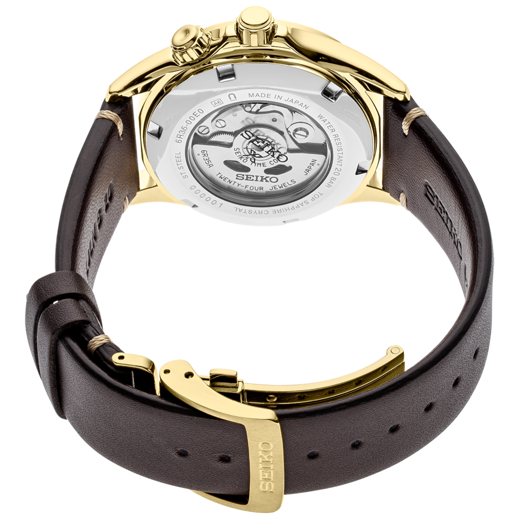 Seiko watch with gold case and brown leather strap on a white background
