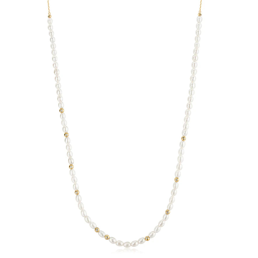 Ania Haie Gold-Plated Freshwater Pearl and White Cubic Zirconia Bezel Set Slider Necklace