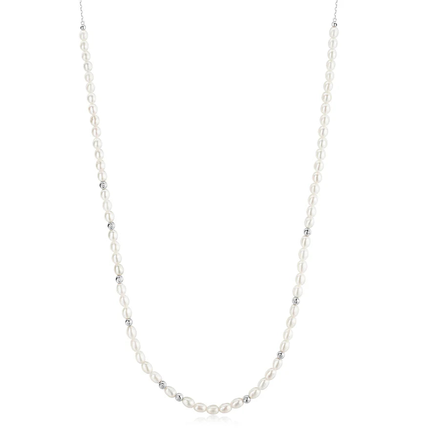 Ania Haie Silver Freshwater Pearl and White Cubic Zirconia Bezel Set Slider Necklace