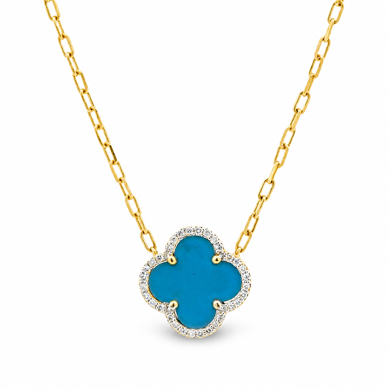 14K yellow gold necklace with a blue-inlay clover, diamond halo, and paperclip link chain.
