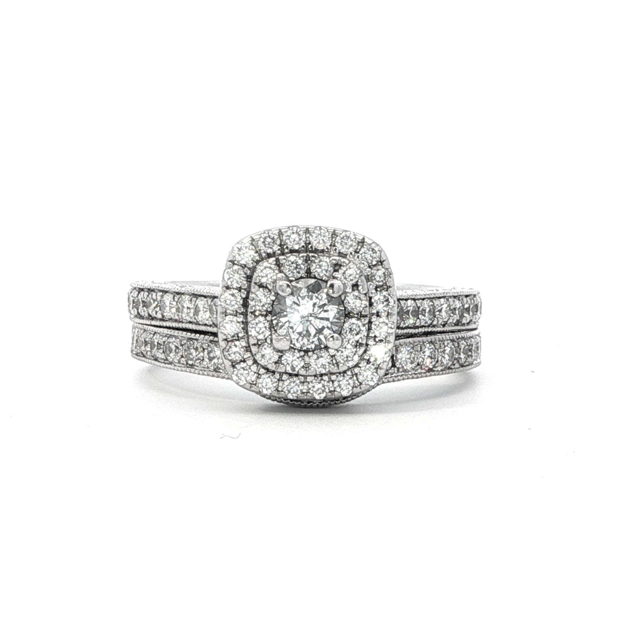 Estate Collection: 14K White Gold 1.07CTW. Neil Lane Cushion Double Halo Engagement Ring & Contoured Wedding Band Bridal Set