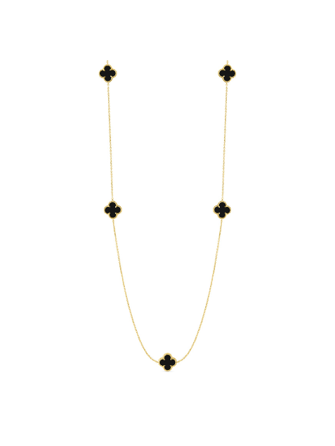14K Yellow Gold Italian Black Onyx Multi Clover Station Necklace