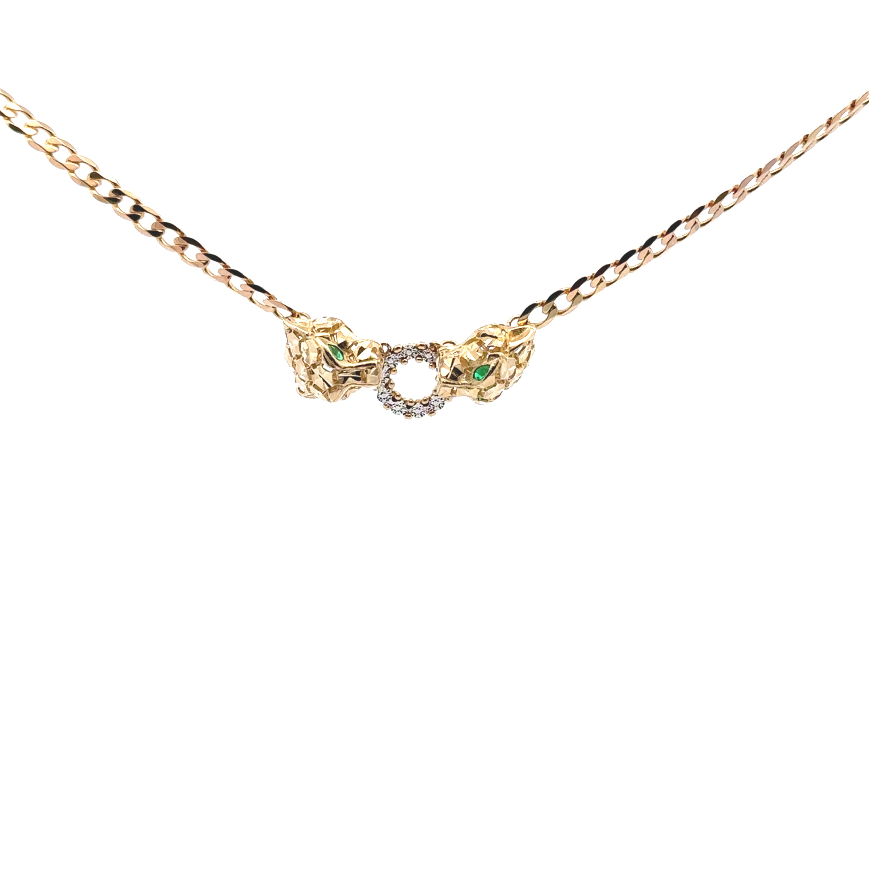 14K Yellow Gold Panthers head With Synthetic Stones Necklace