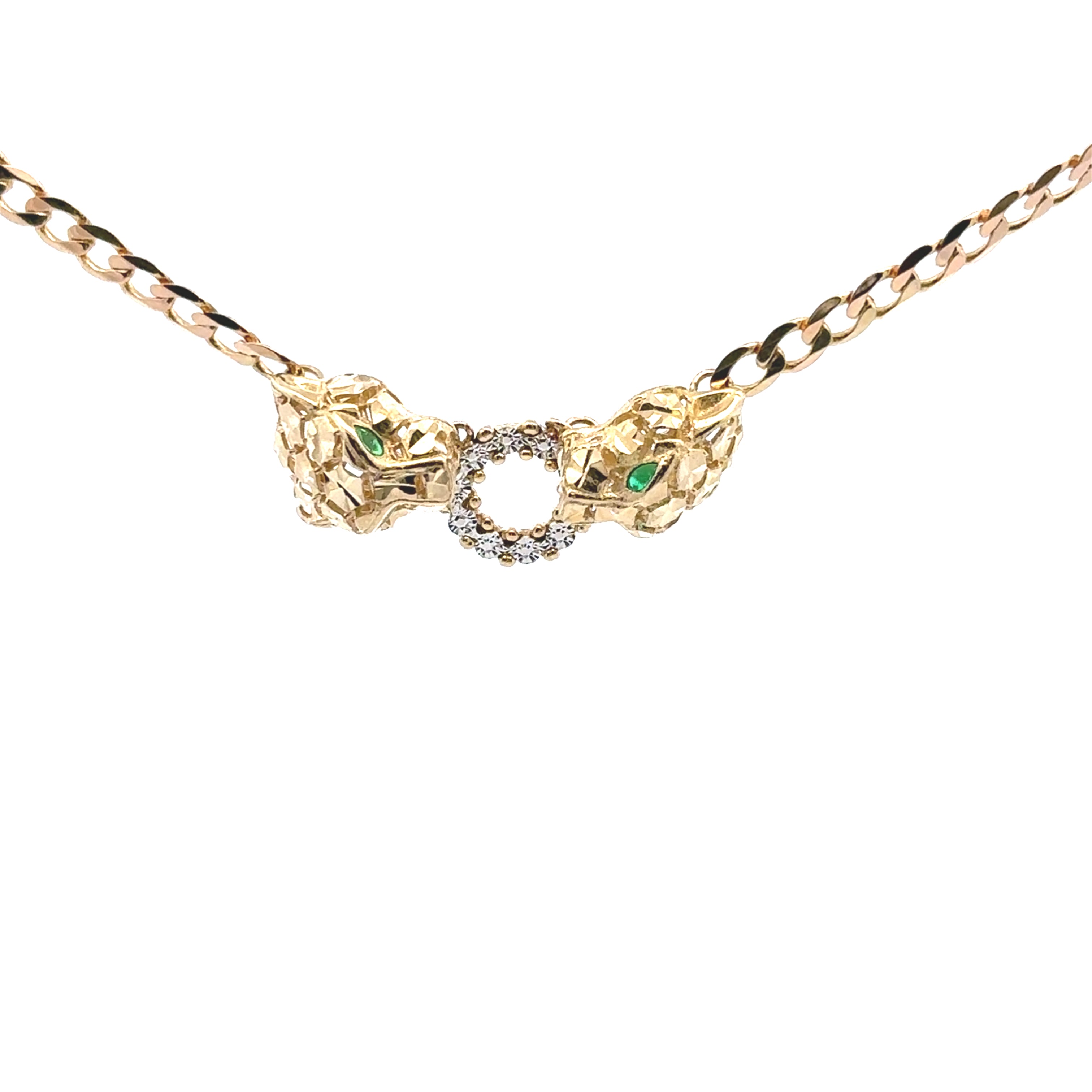 14K Yellow Gold Panthers head With Synthetic Stones Necklace