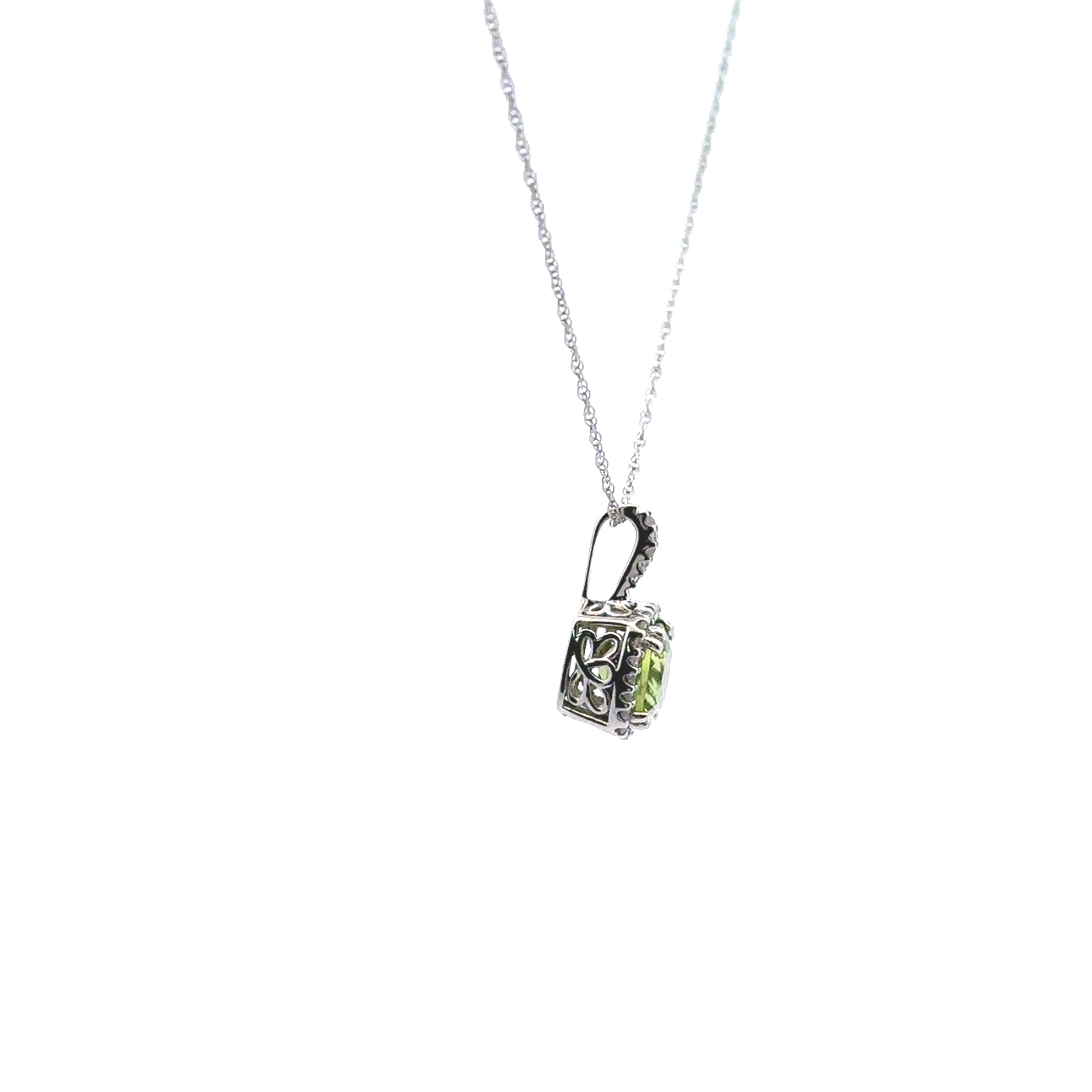 14K White Gold Peridot Cushion Cut Halo Accented 1/10 Ctw. Diamond Pendant Necklace