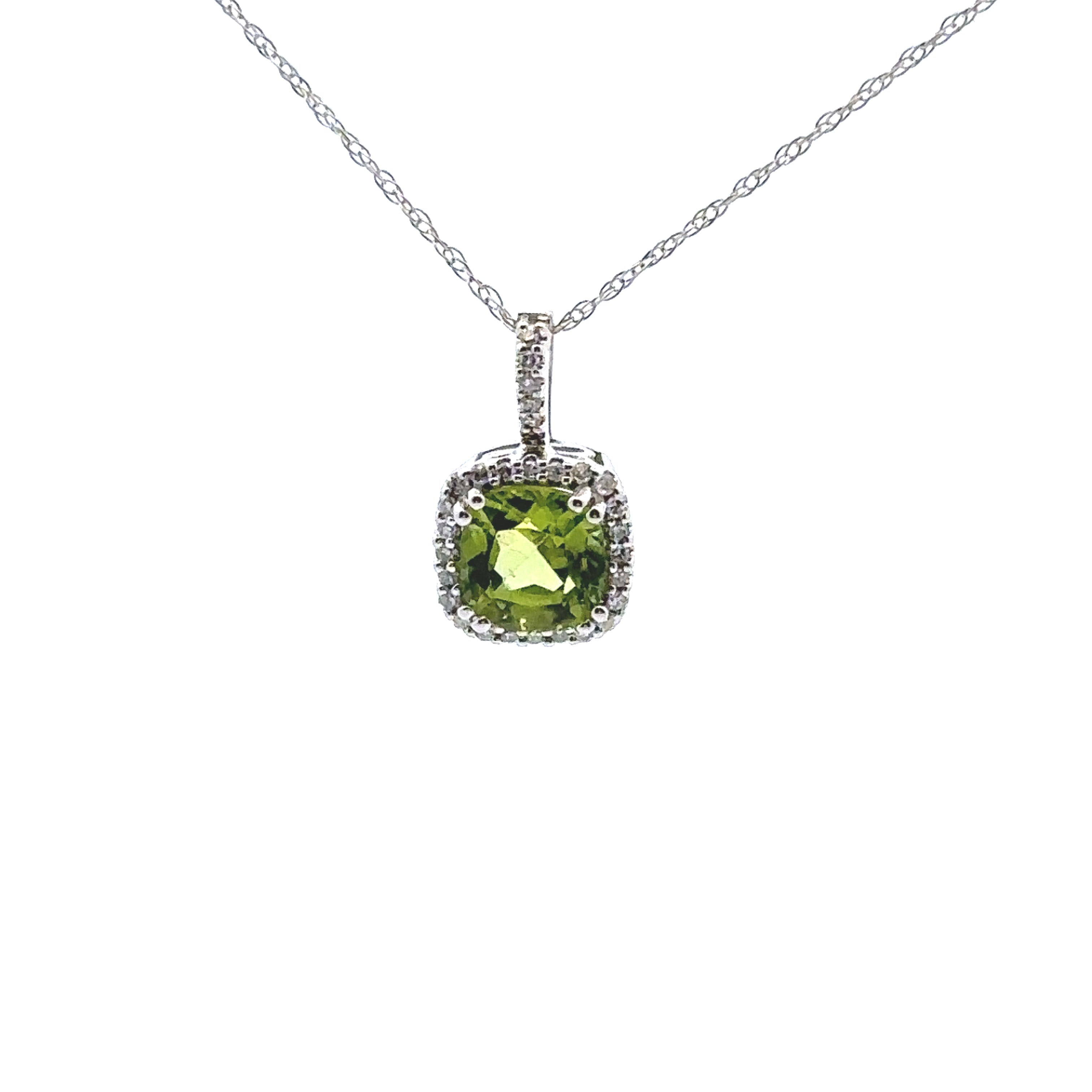 14K White Gold Peridot Cushion Cut Halo Accented 1/10 Ctw. Diamond Pendant Necklace