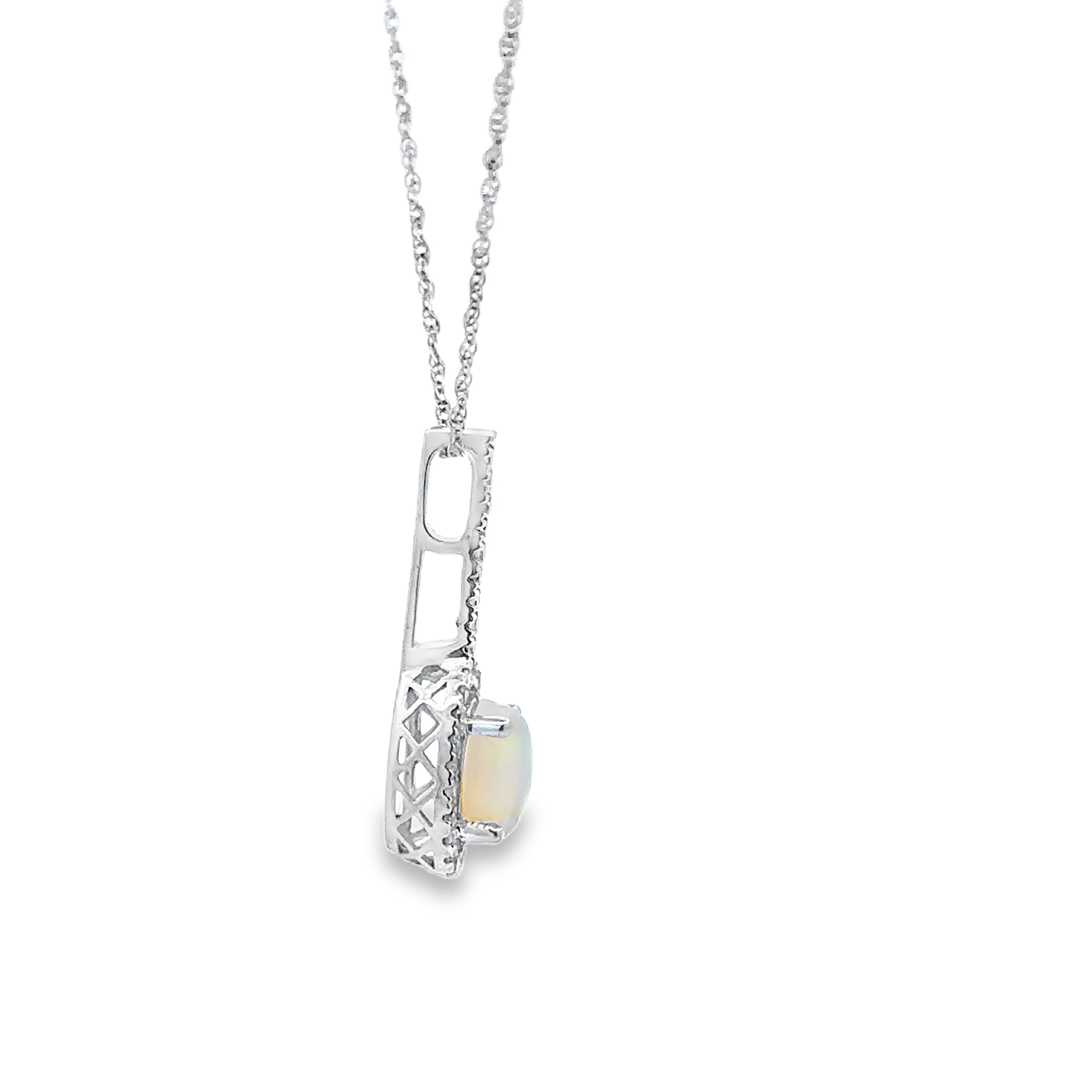 14K White Gold Opal 1/10 CT. Diamond Halo Pendant Necklace