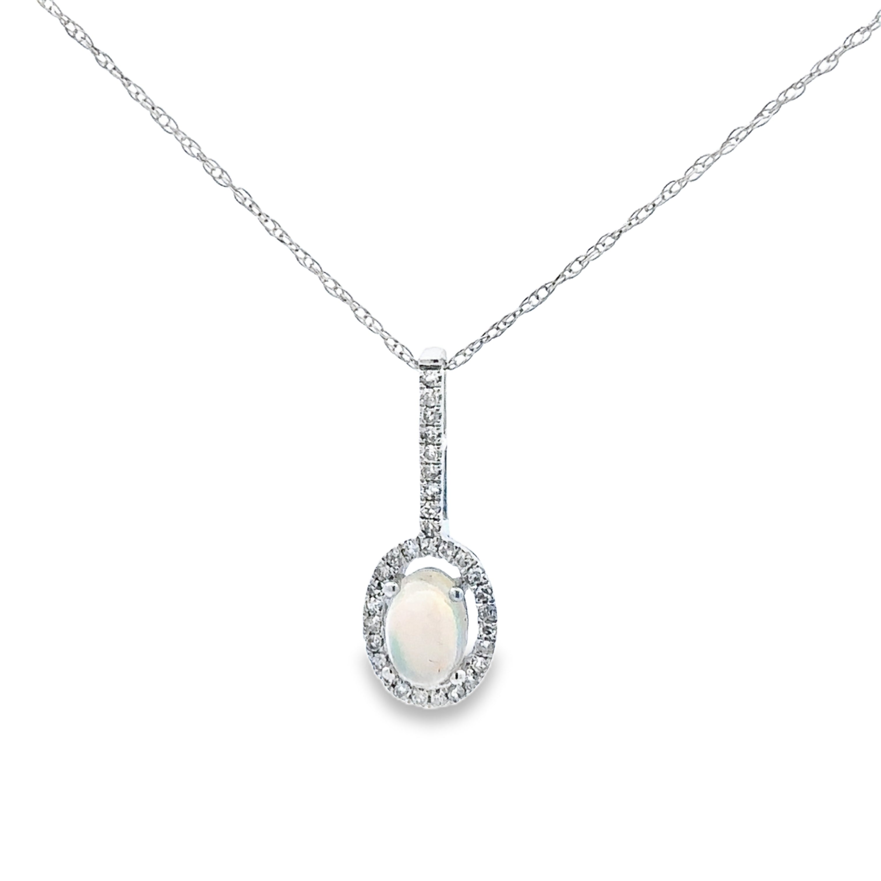 14K White Gold Opal 1/10 CT. Diamond Halo Pendant Necklace