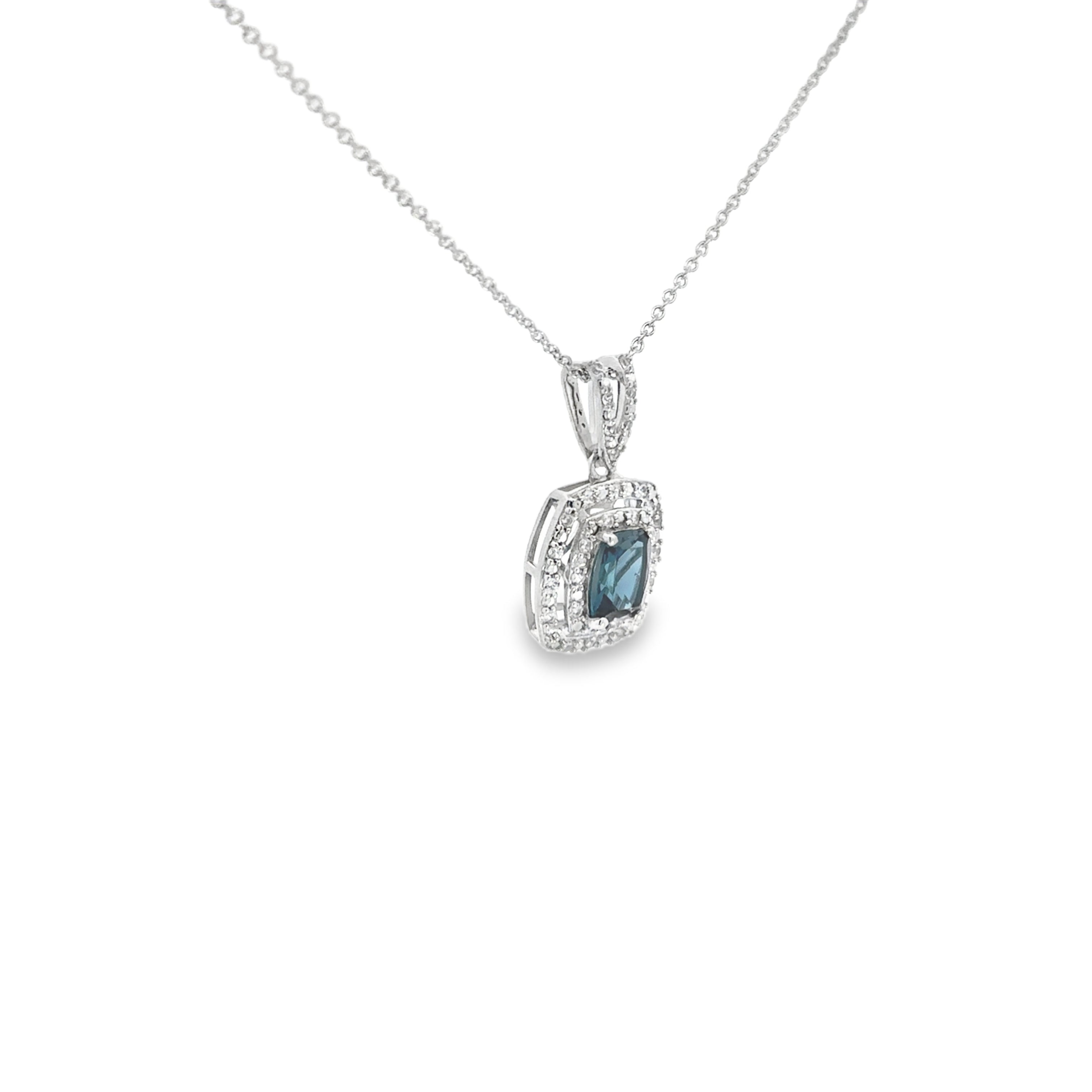 Sterling Silver London Blue Topaz and White Zircon Double Halo Pendant with 18" Cable Chain