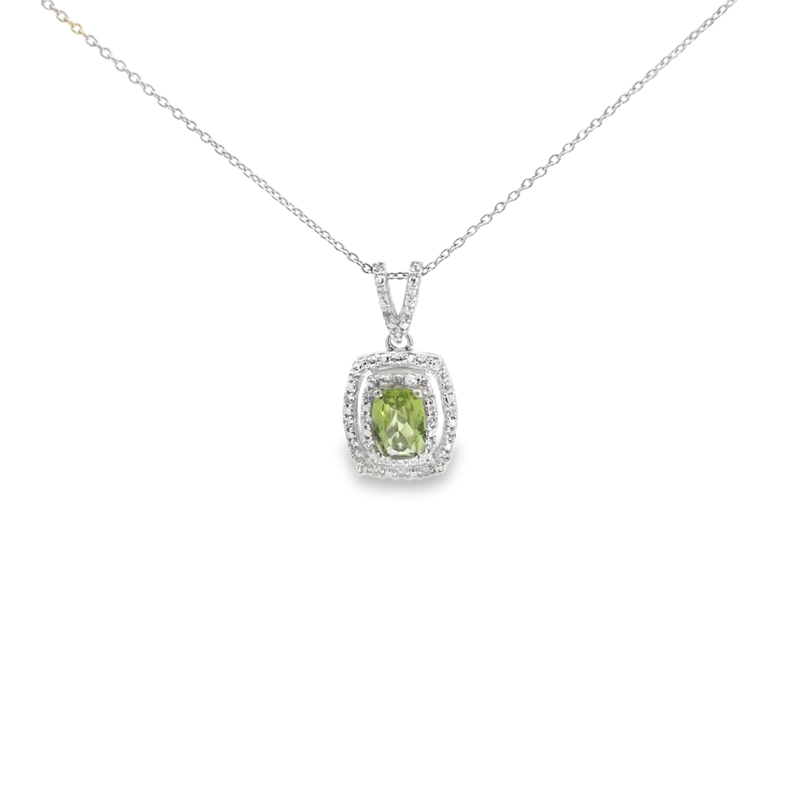 Sterling Silver Peridot and White Zircon Double Halo Pendant with 18" Cable Chain