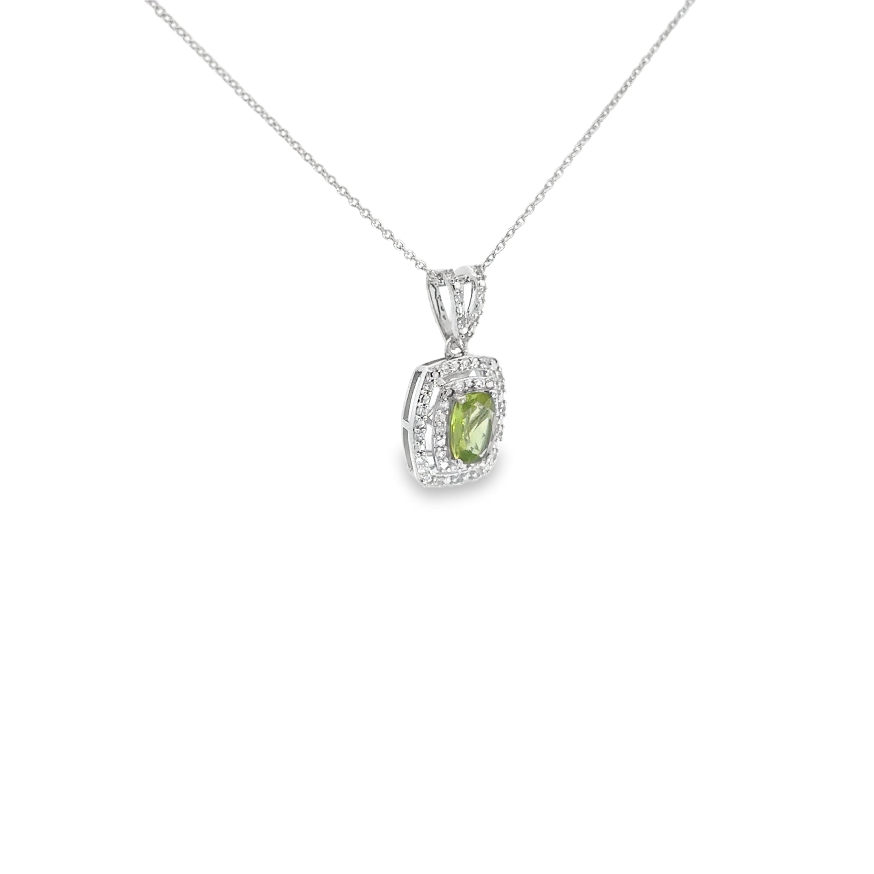 Sterling Silver Peridot and White Zircon Double Halo Pendant with 18" Cable Chain