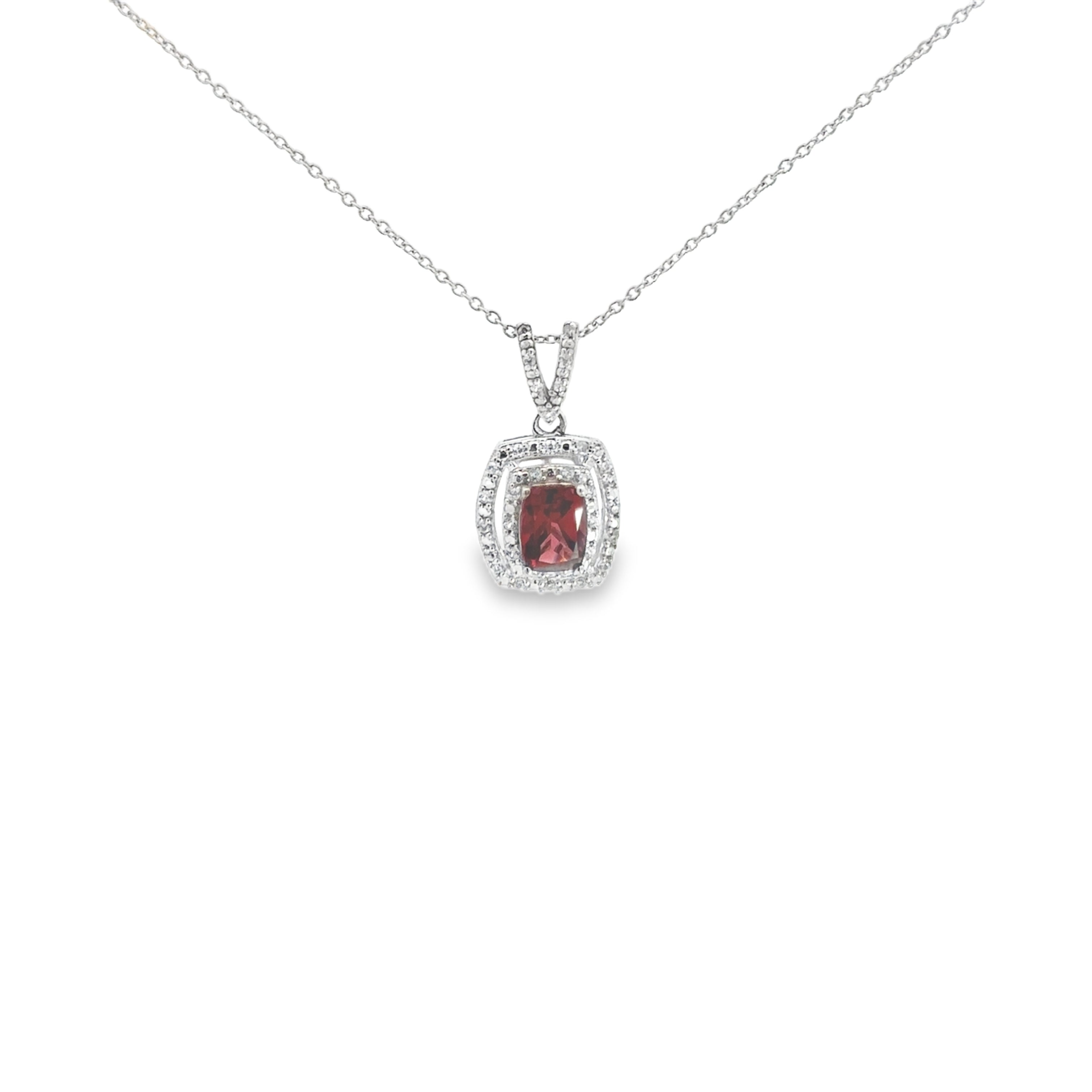 Sterling Silver Garnet and White Zircon Double Halo Pendant with 18" Cable Chain