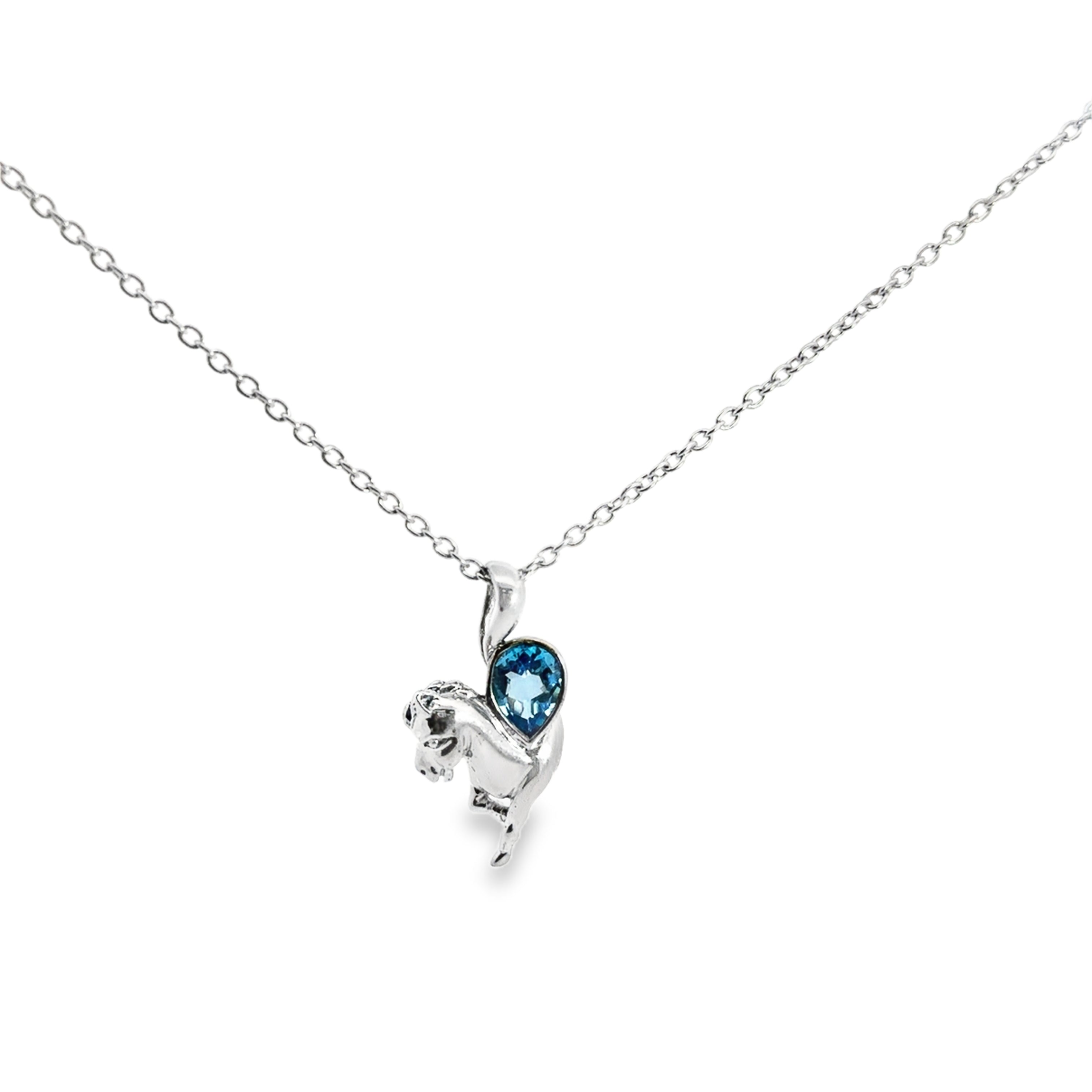 Sterling Silver Pear Blue Topaz Horse Pendant