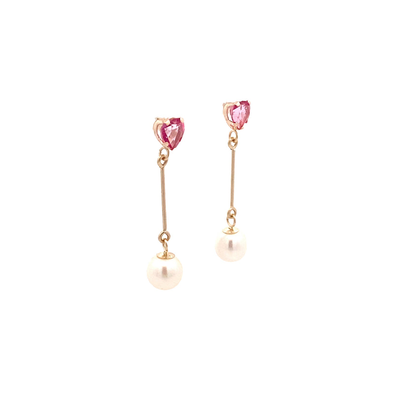 14K Yellow Gold Heart Pink Topaz and Pearl Dangle Stud Earrings
