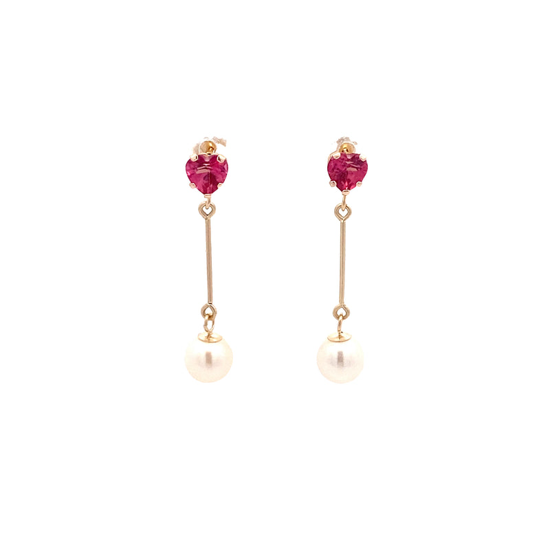 14K Yellow Gold Heart Pink Topaz and Pearl Dangle Stud Earrings