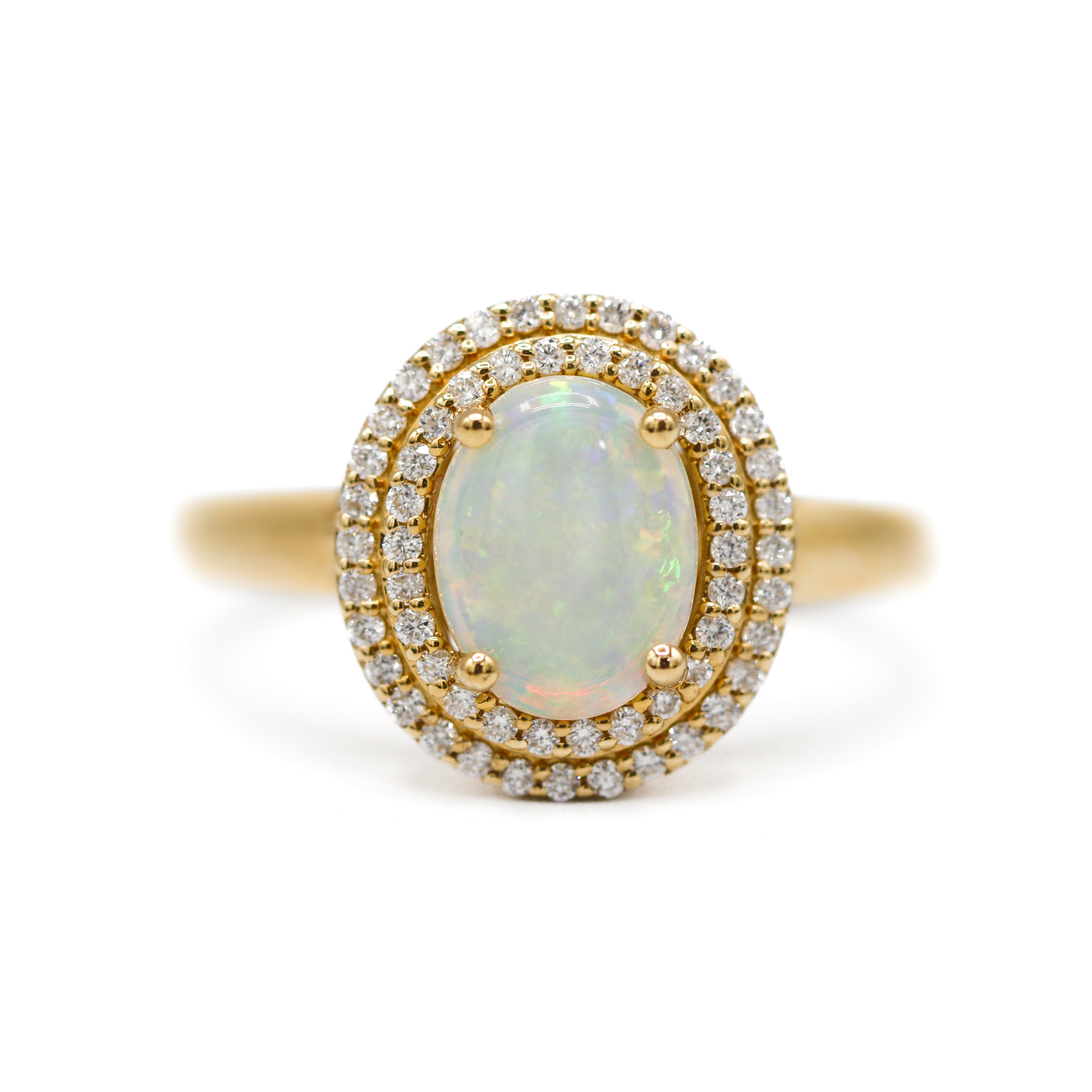 Front view of 14K Yellow Gold 1CT. Opal & 1/4CT. Diamond Double-Halo Engagement Ring on white background.