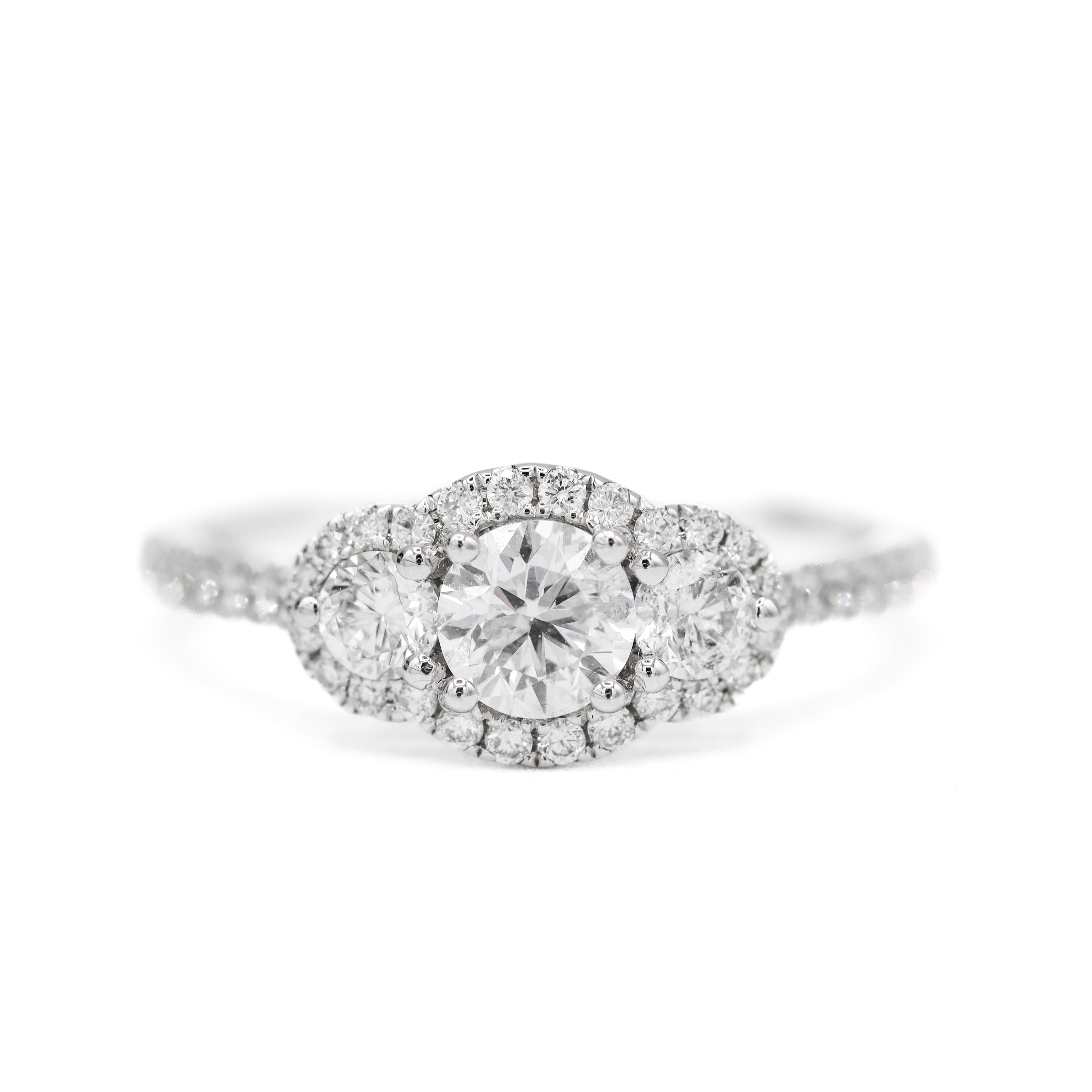 Front View of 14K White Gold 1CTW. Diamond Three-Stone Halo Engagment Ring