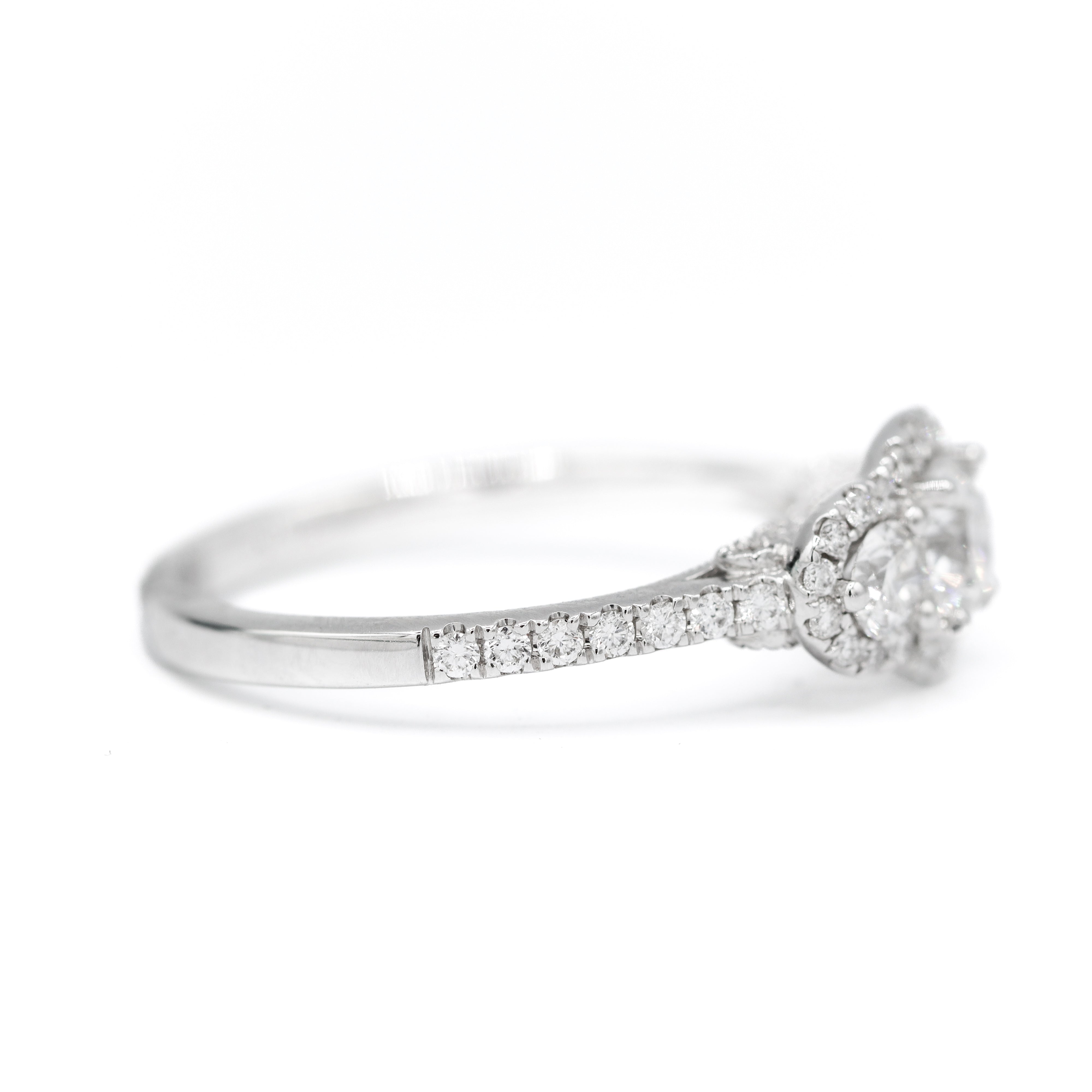 Left Side View of 14K White Gold 1CTW. Diamond Three-Stone Halo Engagment Ring