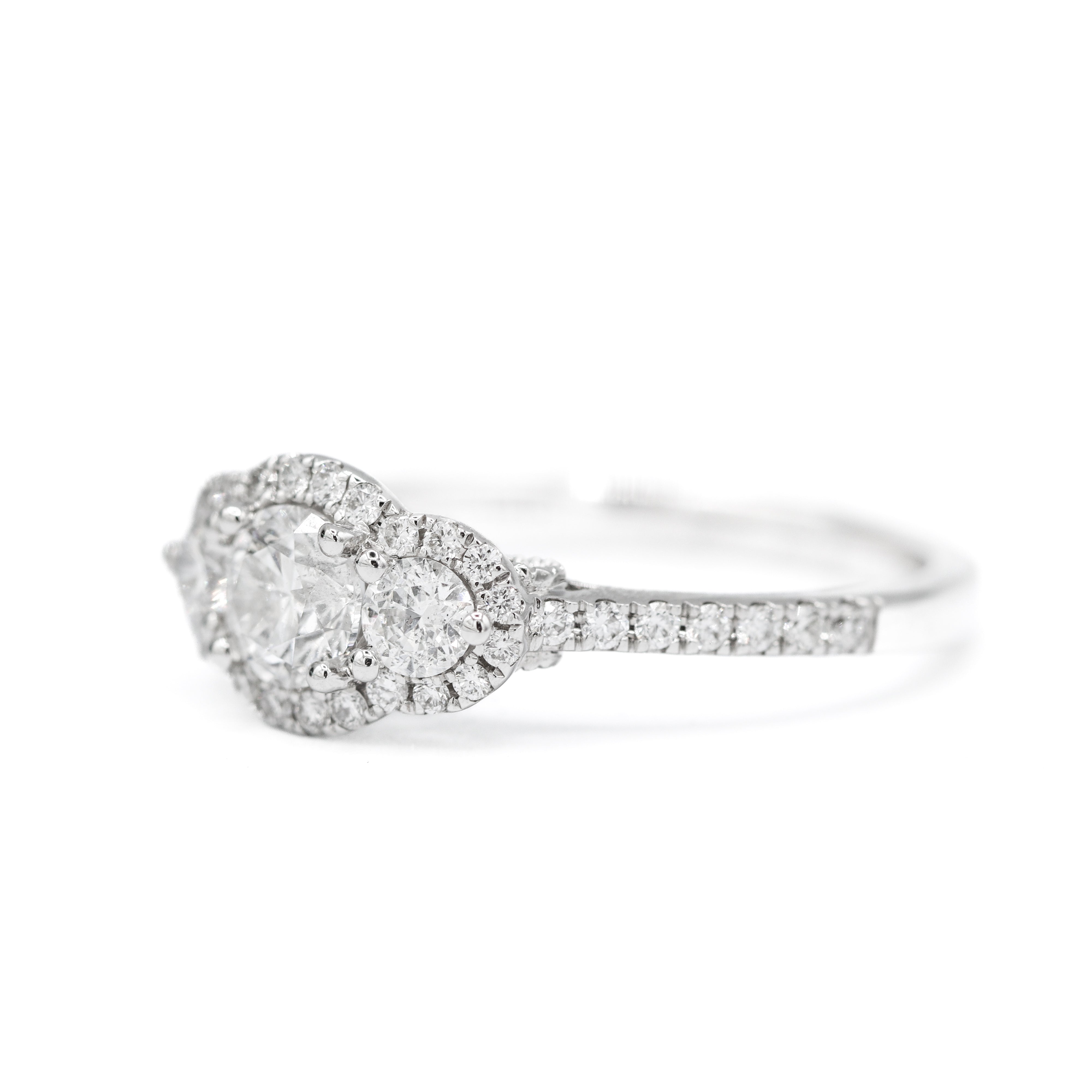 Right Side View of 14K White Gold 1CTW. Diamond Three-Stone Halo Engagment Ring