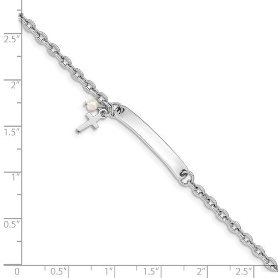 Sterling Silver RH-plated Kids Cross Syn Pearl 6in Plus1in Ext. ID Bracelet