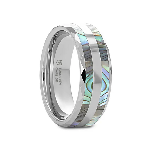 "PAUA" Double Abalone Shell Inlay Faceted 8MM Tungsten Ring With Beveled Polished Edges