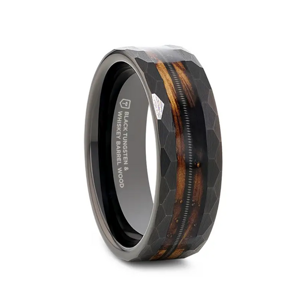 "RIFF" Black Tungsten 8MM Ring with Charred Whiskey Barrel and Guitar String