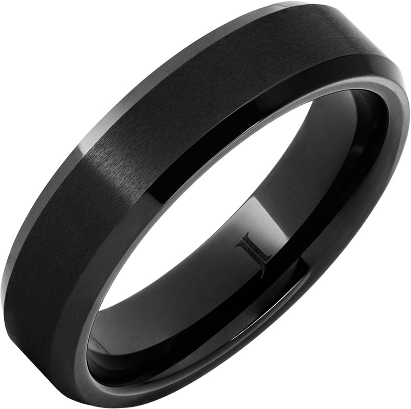 Front View Black Diamond Ceramic™ Beveled 6MM Ring With Satin Center