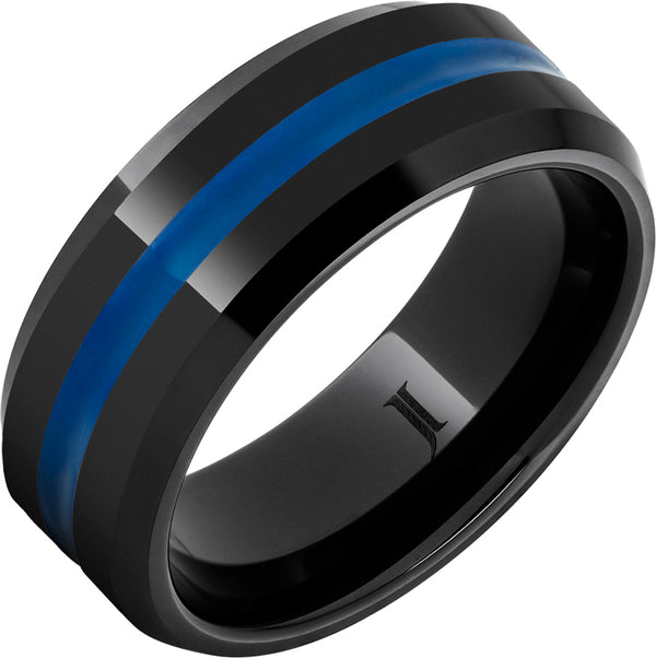 "BLUE LINE" 8MM Men's Black Diamond Ceramic Ring with Thin Blue Line Enamel Inlay