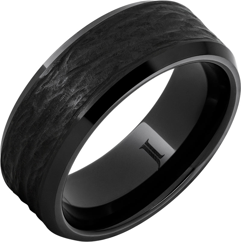 "HUNTSMAN" 8MM Men's Black Diamond Ceramic Ring with Hand-Carved Tree Bark Finish & Polished Knife Edge