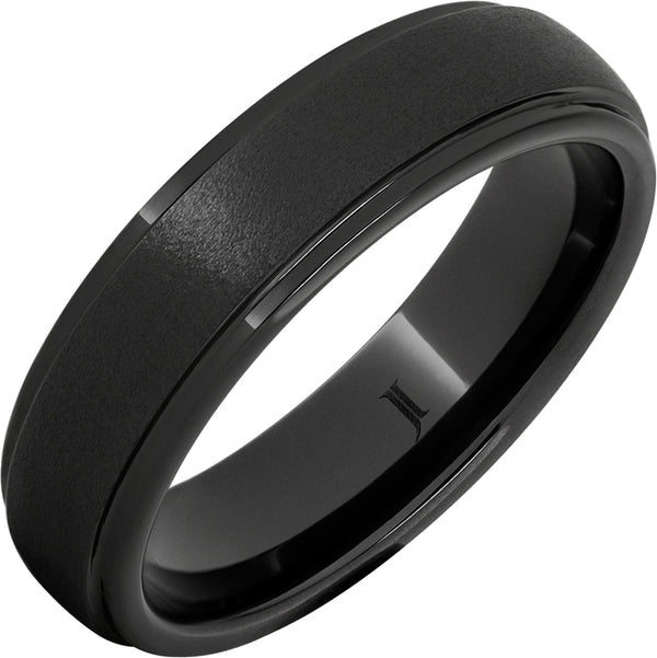 Men's 6MM Black Diamond Ceramic Ring with Stone Finish & Grooved Edge