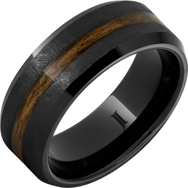 "BLACK BOURBON" 8MM Men's Black Diamond Ceramic Ring with Bourbon Wood Inlay & Grain Finish