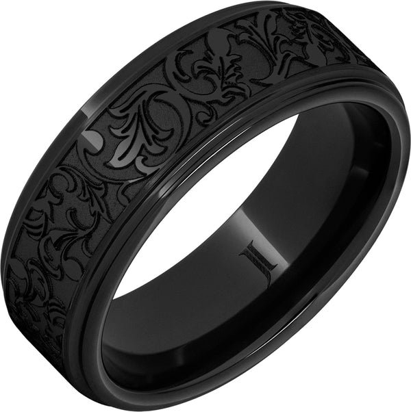 "LATIGO" 8MM Men's Black Diamond Ceramic Ring with Western-Inspired Leather Pattern