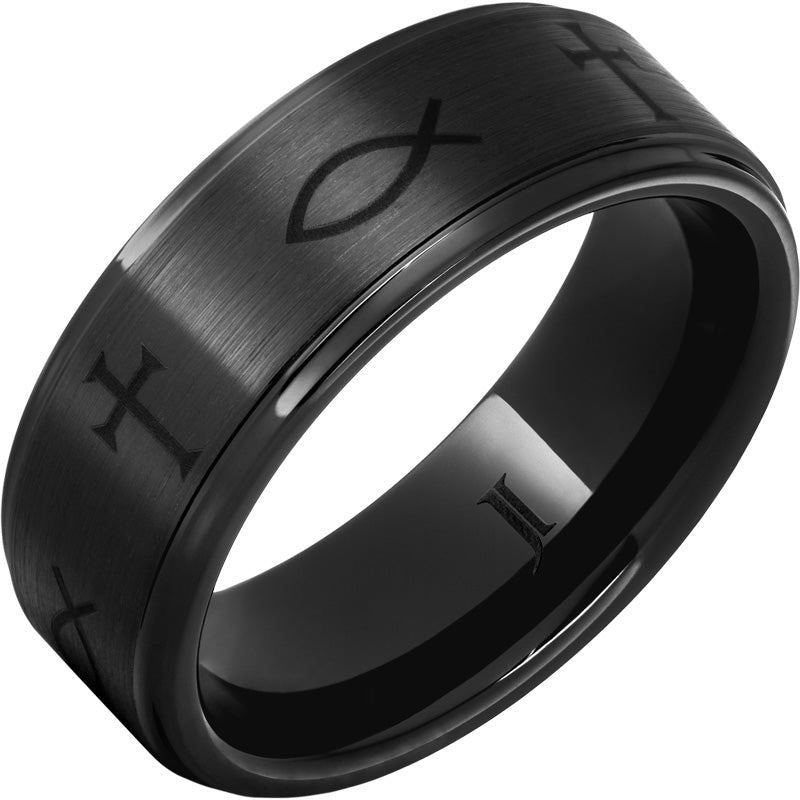 "ICHTHUS" 8MM Men's Black Diamond Ceramic Ring with Laser Engraved Christian Symbols