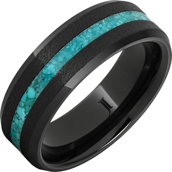 Men's 8MM Black Diamond Ceramic Grain-Finish Ring with Turquoise Inlay and Beveled Edges