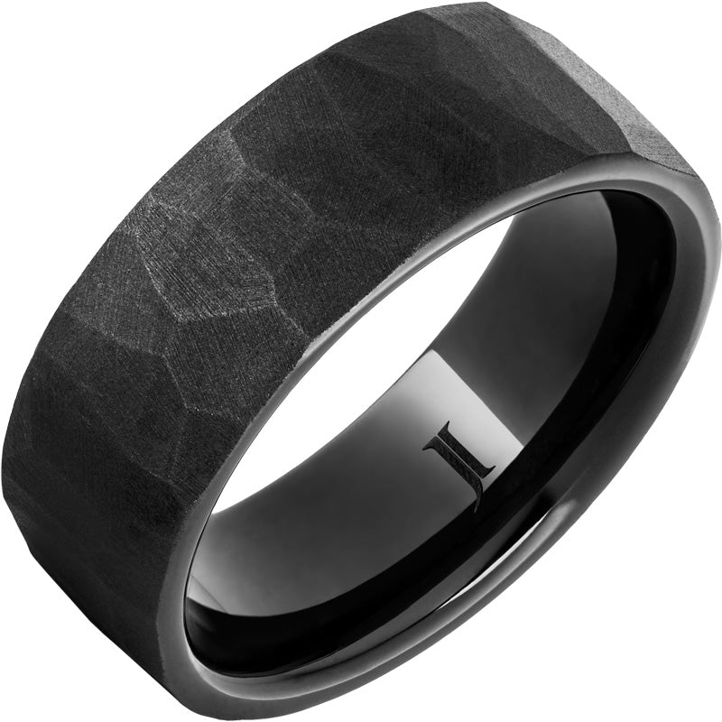 "CHISEL" 8MM Men's Black Diamond Ceramic Chiseled Sandblasted Ring