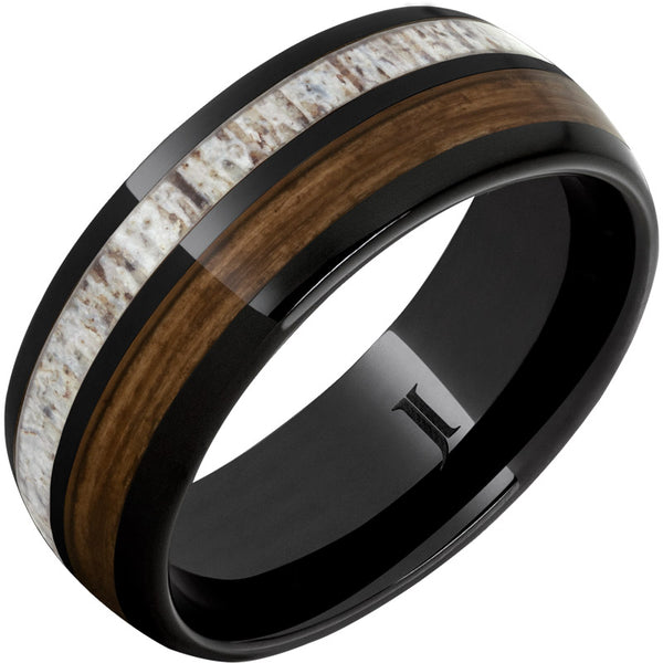 "BARREL AGED" 8MM Men's Black Diamond Ceramic Ring with Bourbon Wood & Antler Inlay