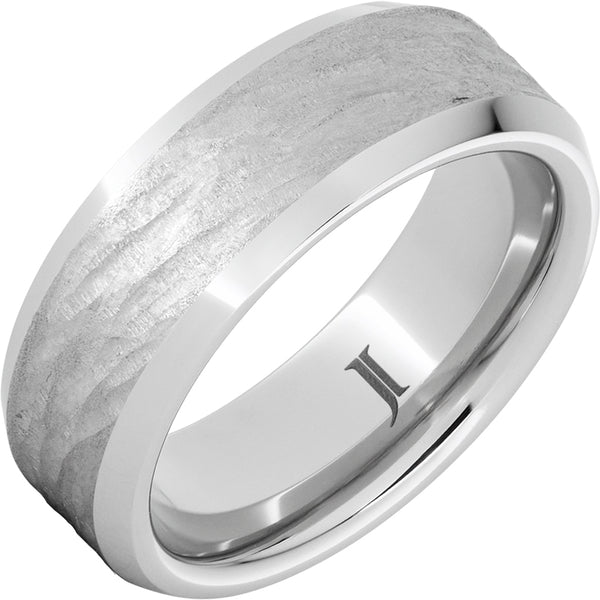 "WOODSMAN" 8MM Men's Serinium® Ring with Hand-Carved Tree Bark Finish