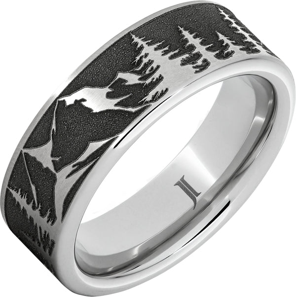 "MOUNTAIN PINE" 8MM Men's Serinium® Ring with Laser Engraved Forest Scene