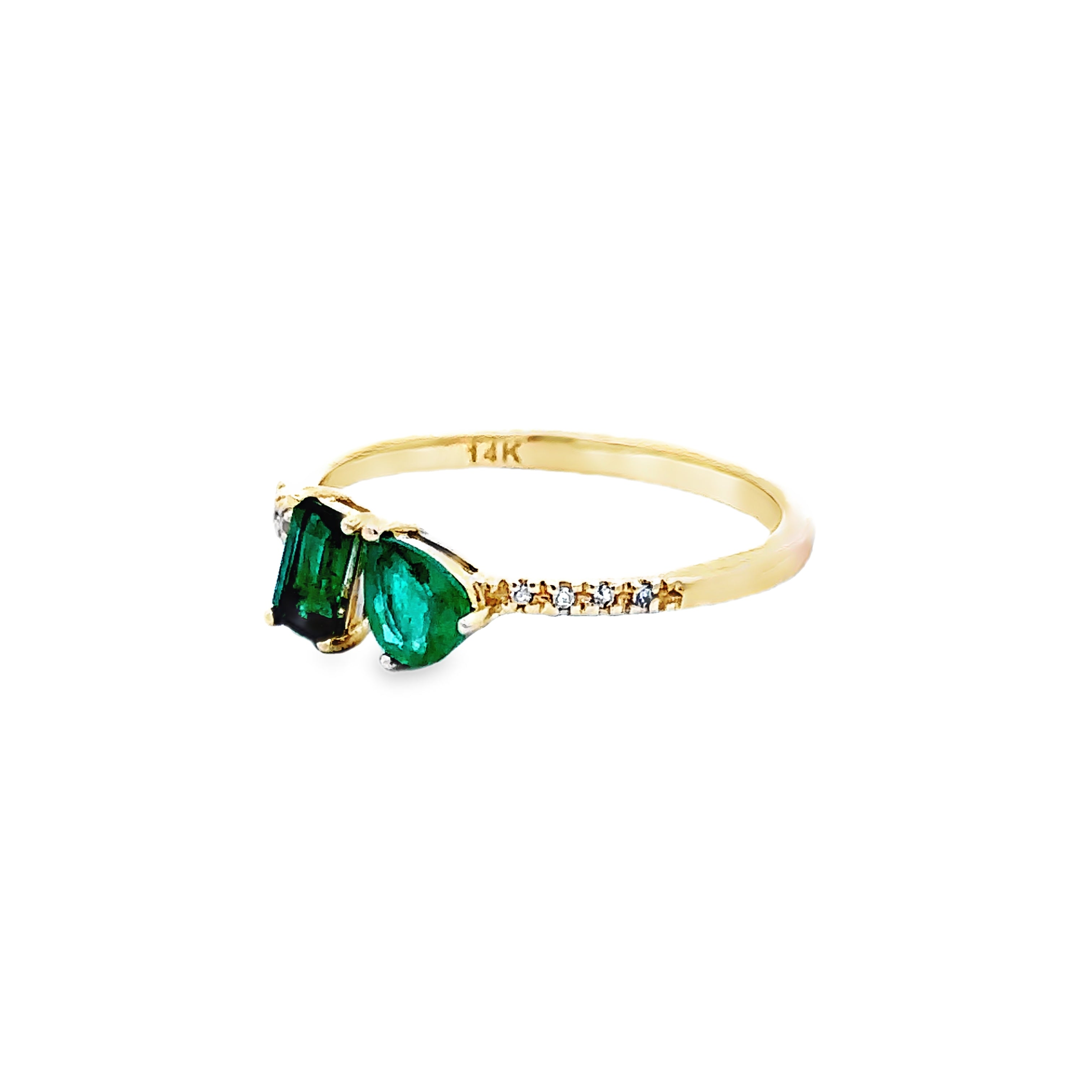 14K Yellow Gold 1/50 CTW. Diamond Two Stone Emerald Ring