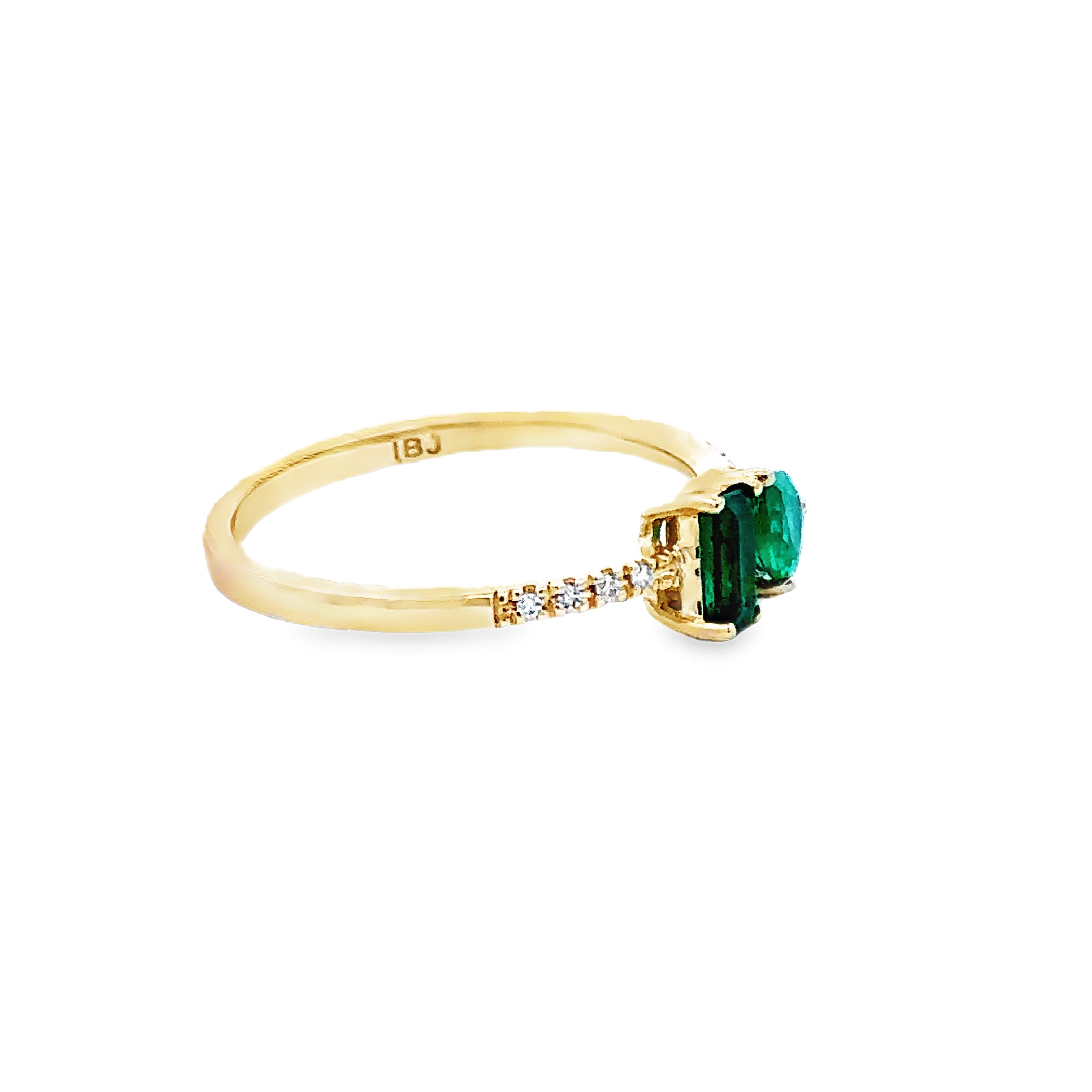 14K Yellow Gold 1/50 CTW. Diamond Two Stone Emerald Ring