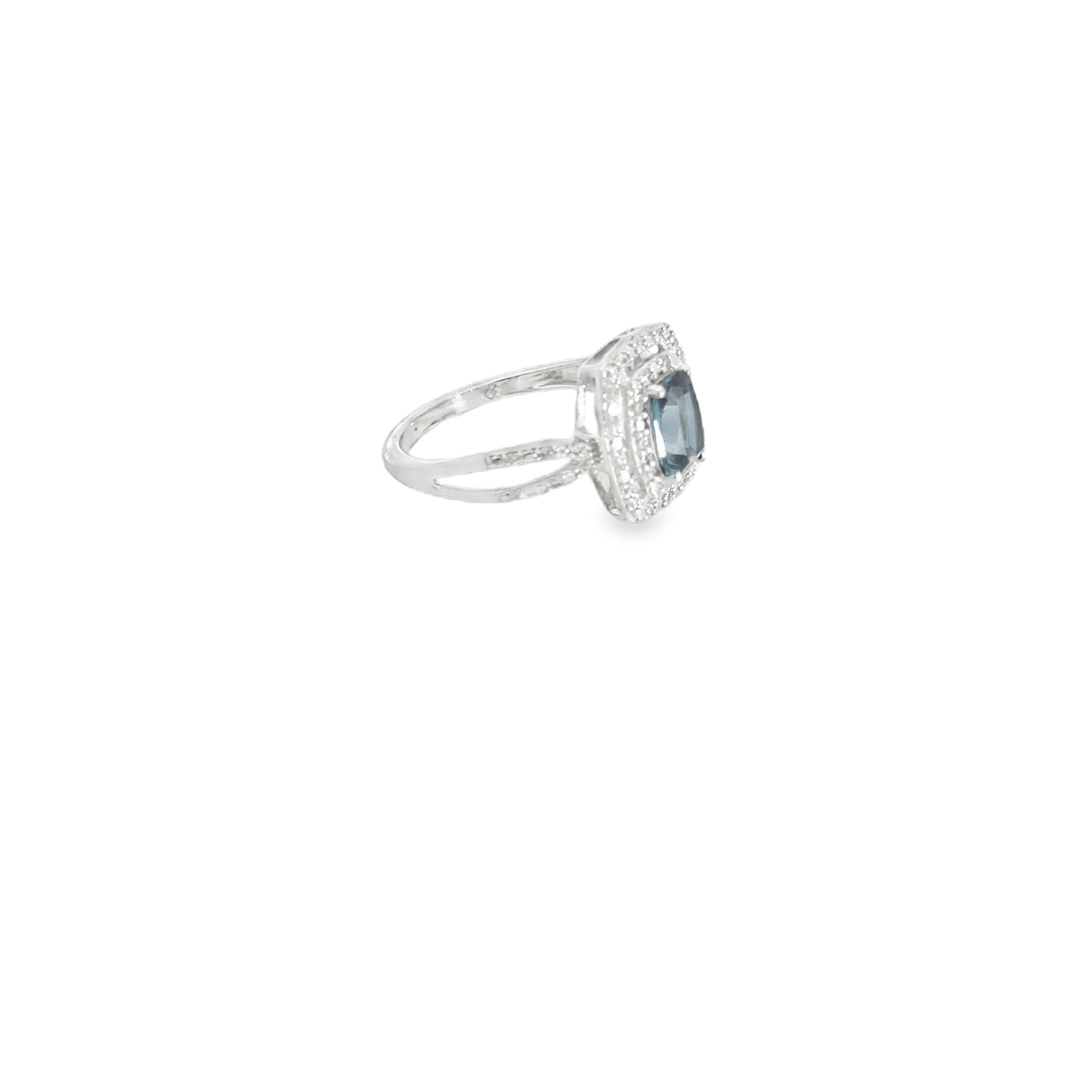 Sterling Silver London Blue Topaz and White Zircon Double Halo Split Shank Fashion Ring