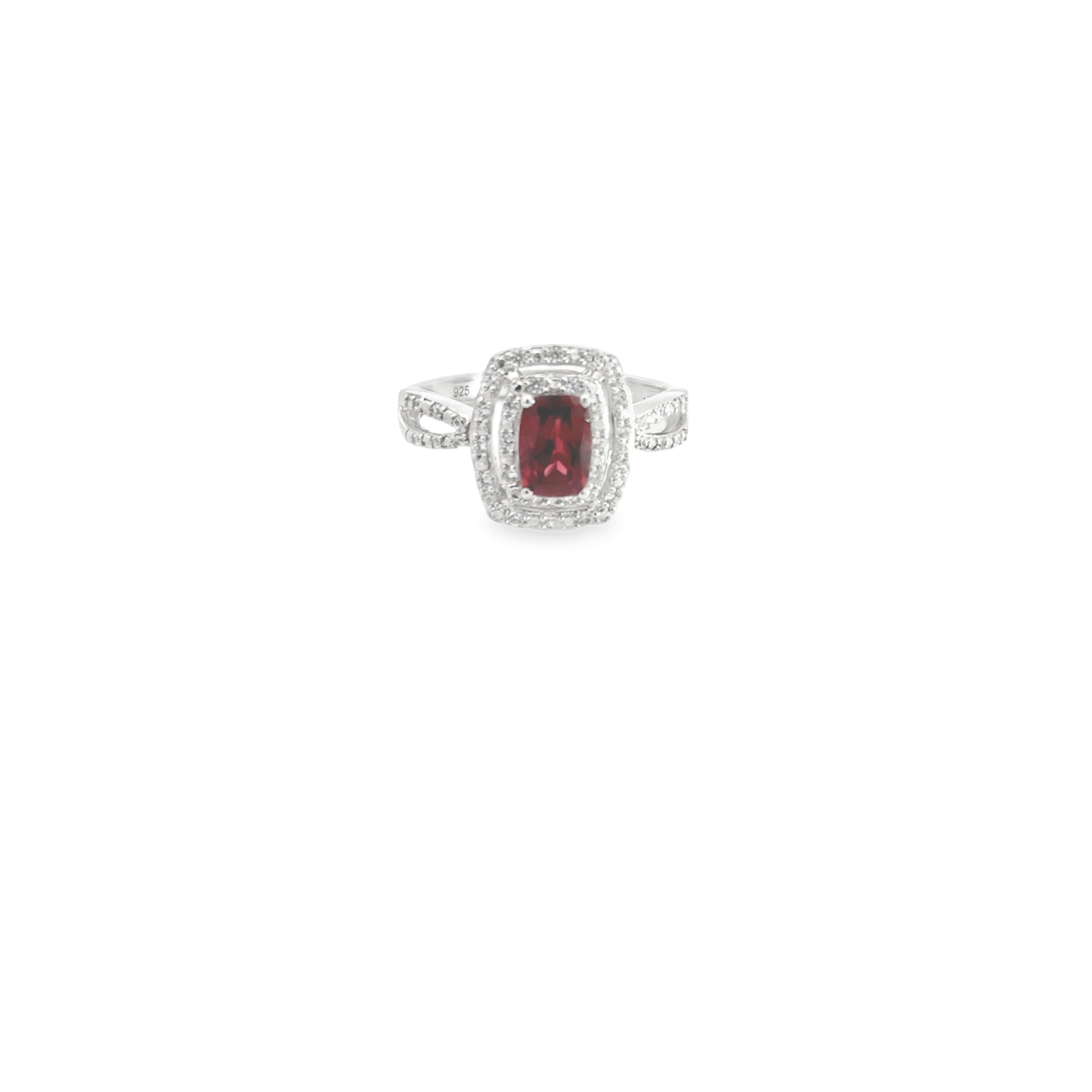 Sterling Silver Garnet and White Zircon Double Halo Split Shank Fashion Ring