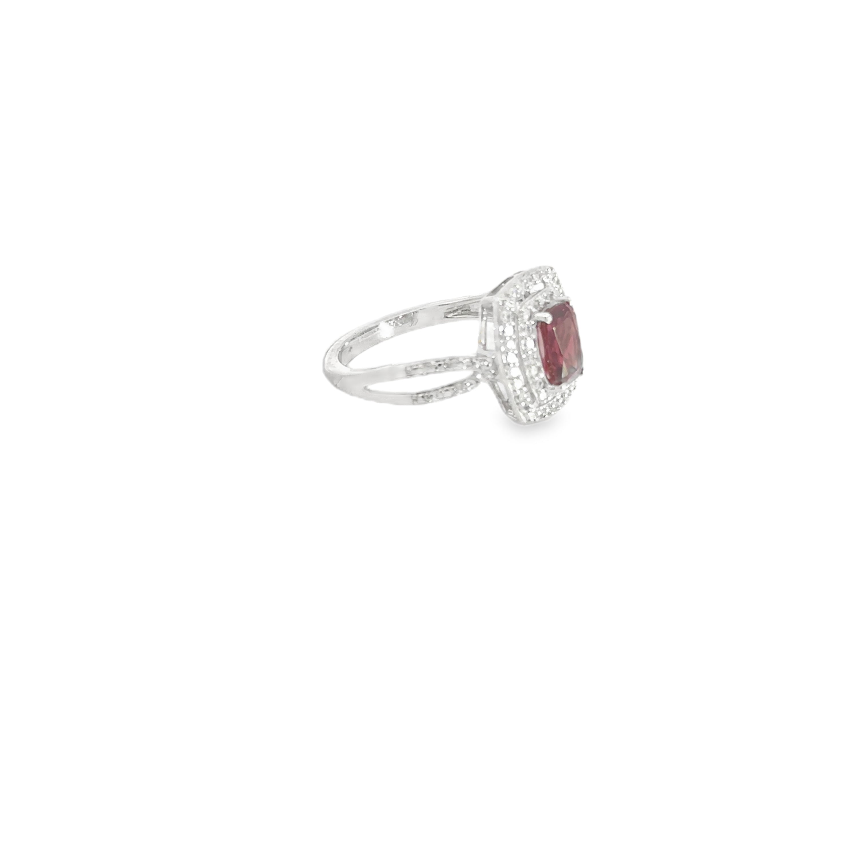 Sterling Silver Garnet and White Zircon Double Halo Split Shank Fashion Ring