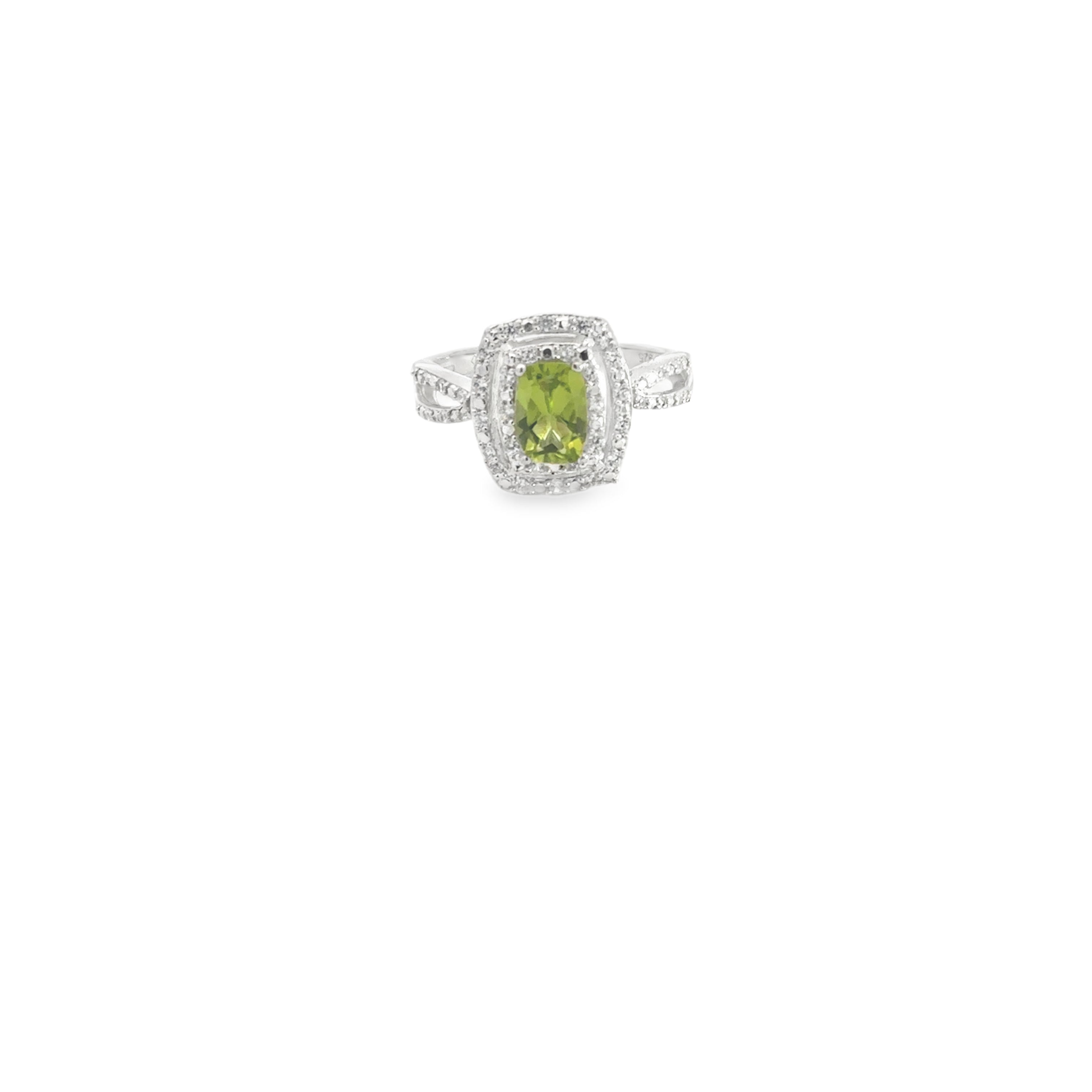 Sterling Silver Peridot and White Zircon Double Halo Split Shank Fashion Ring