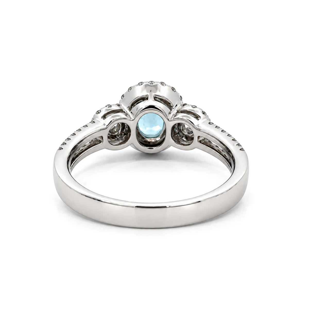 14K White Gold 0.54CT. Oval Aquamarine and 0.42CTW. Diamond Halo Accented Ring